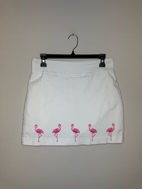 Attyre White Mini Skirt with Pink Flamingo Motif